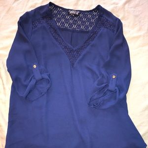 Flowy Sheer Navy Blue Blouse Lace Detail Size S